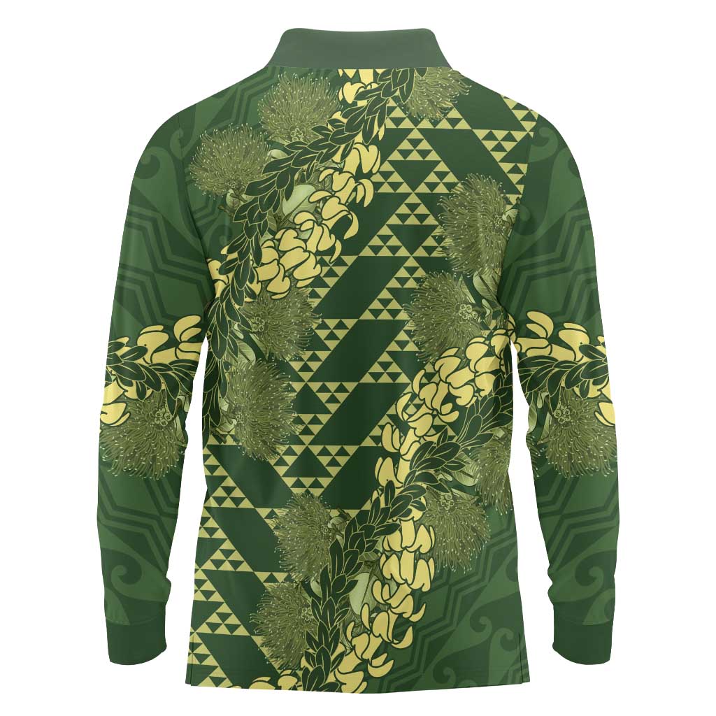 Green Aloha Hawaii Long Sleeve Polo Shirt Hawaiian Kakau Ohia Lehua Lei - Polynesian Pride