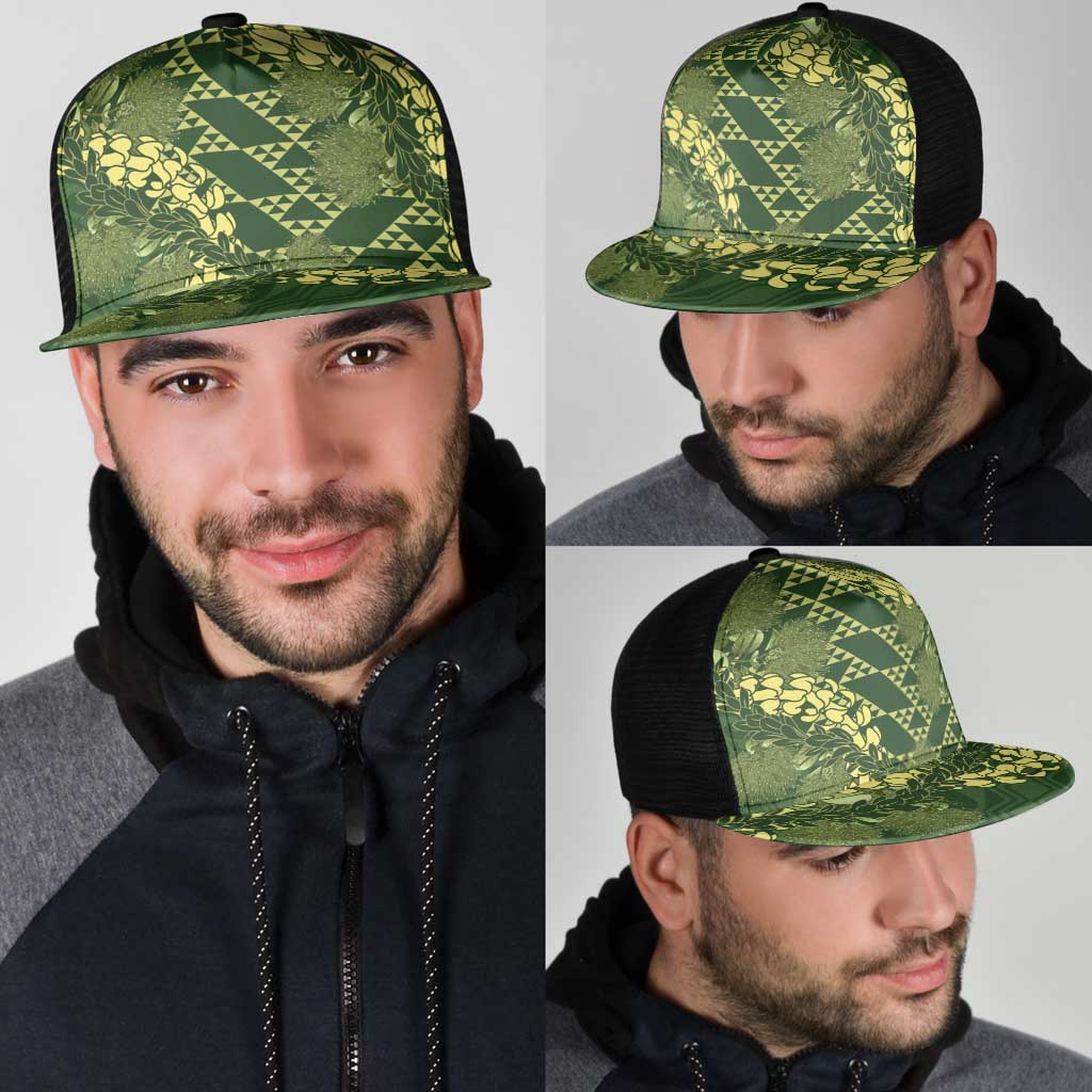Green Aloha Hawaii Mesh Trucker Cap Hawaiian Kakau Ohia Lehua Lei - Polynesian Pride