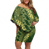 Green Aloha Hawaii Off Shoulder Short Dress Hawaiian Kakau Ohia Lehua Lei - Polynesian Pride