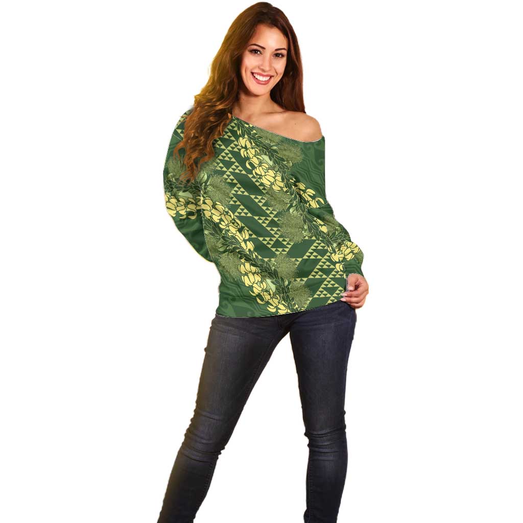 Green Aloha Hawaii Off Shoulder Sweater Hawaiian Kakau Ohia Lehua Lei - Polynesian Pride