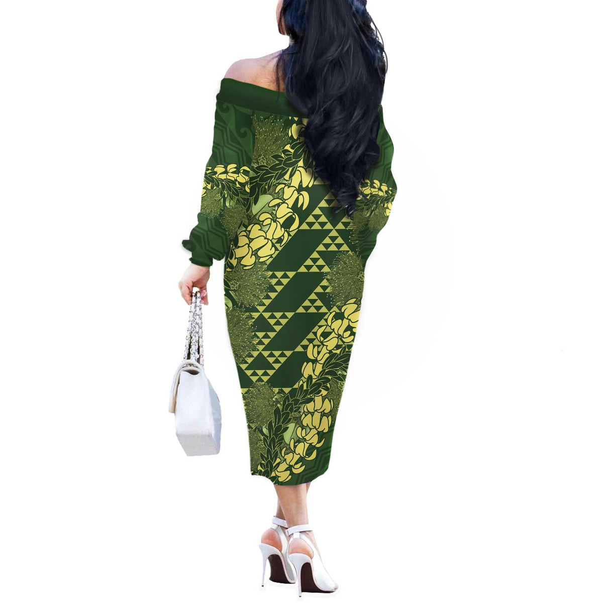 Green Aloha Hawaii Off The Shoulder Long Sleeve Dress Hawaiian Kakau Ohia Lehua Lei - Polynesian Pride