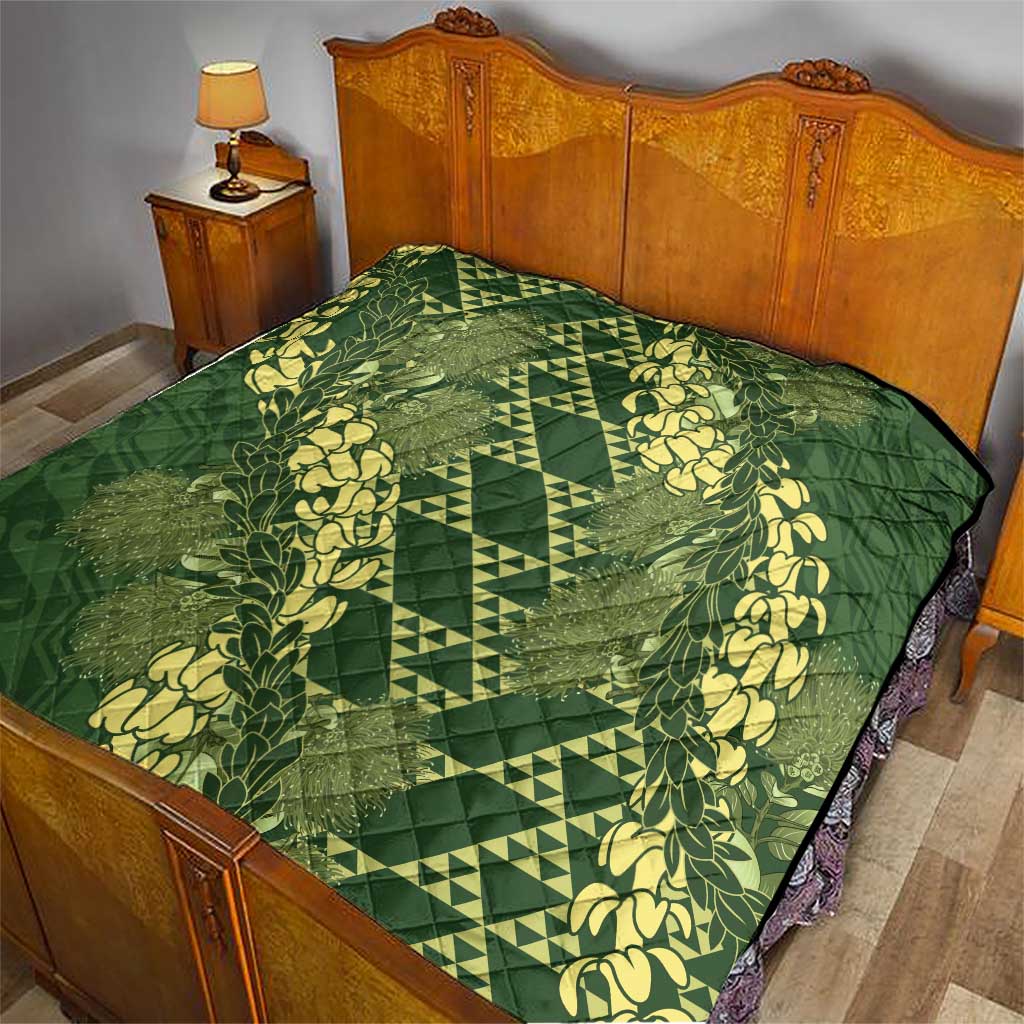 Green Aloha Hawaii Quilt Hawaiian Kakau Ohia Lehua Lei - Polynesian Pride