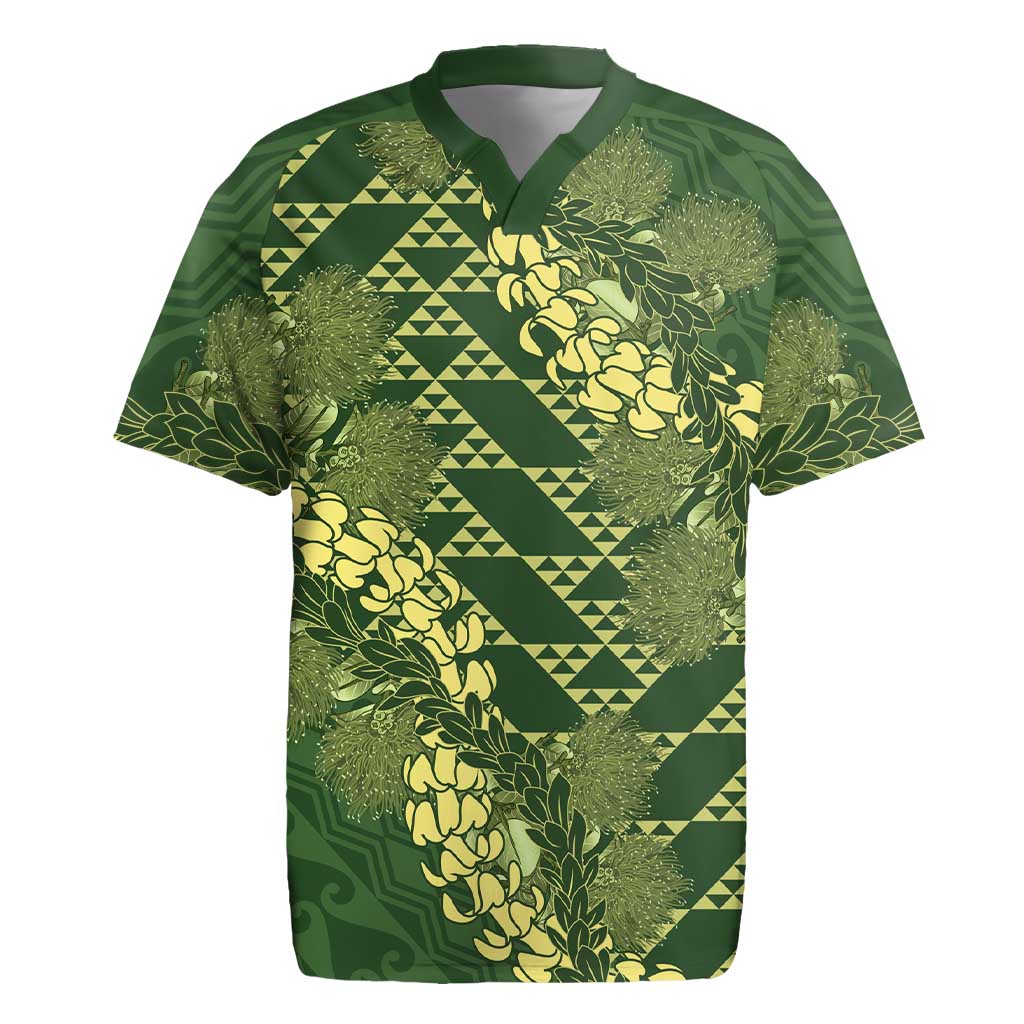 Green Aloha Hawaii Rugby Jersey Hawaiian Kakau Ohia Lehua Lei - Polynesian Pride