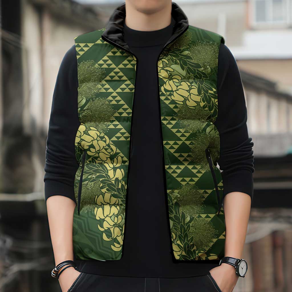 Green Aloha Hawaii Sleeveless Puffer Jacket Hawaiian Kakau Ohia Lehua Lei - Polynesian Pride