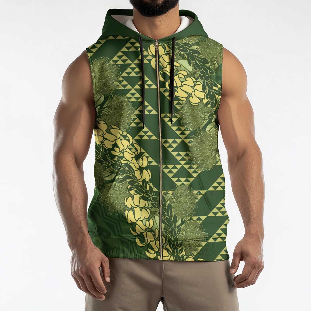 Green Aloha Hawaii Sleeveless Zip Hoodie Hawaiian Kakau Ohia Lehua Lei - Polynesian Pride