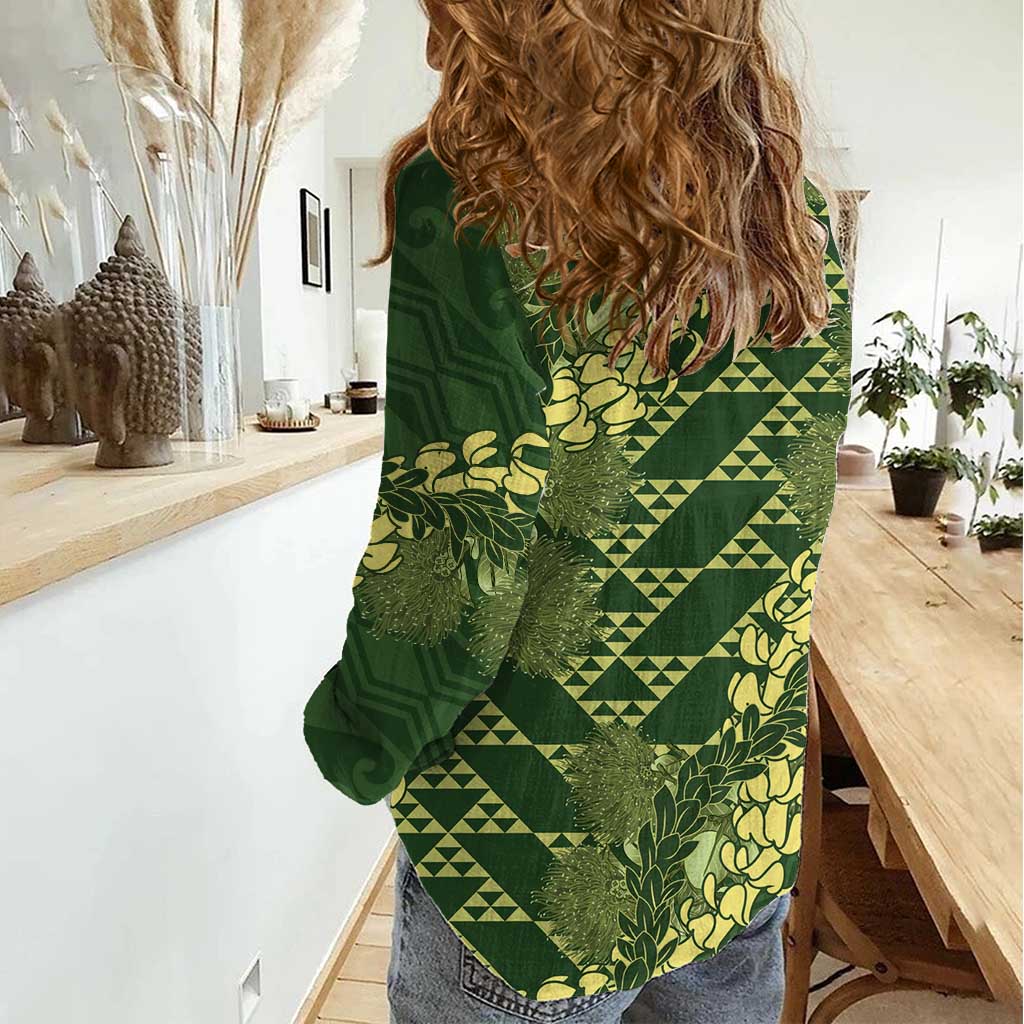 Green Aloha Hawaii Women Casual Shirt Hawaiian Kakau Ohia Lehua Lei - Polynesian Pride