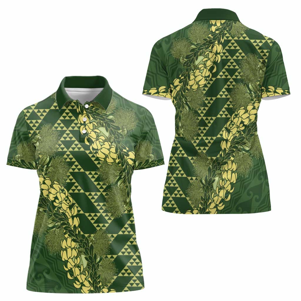 Green Aloha Hawaii Women Polo Shirt Hawaiian Kakau Ohia Lehua Lei - Polynesian Pride