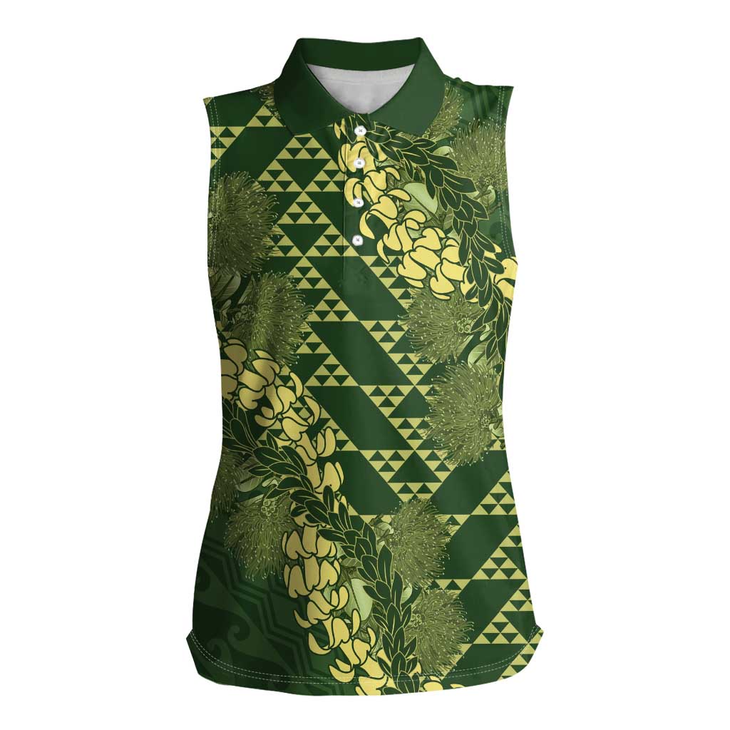 Green Aloha Hawaii Women Sleeveless Polo Shirt Hawaiian Kakau Ohia Lehua Lei - Polynesian Pride