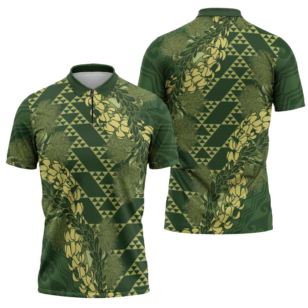 Green Aloha Hawaii Zipper Polo Shirt Hawaiian Kakau Ohia Lehua Lei - Polynesian Pride