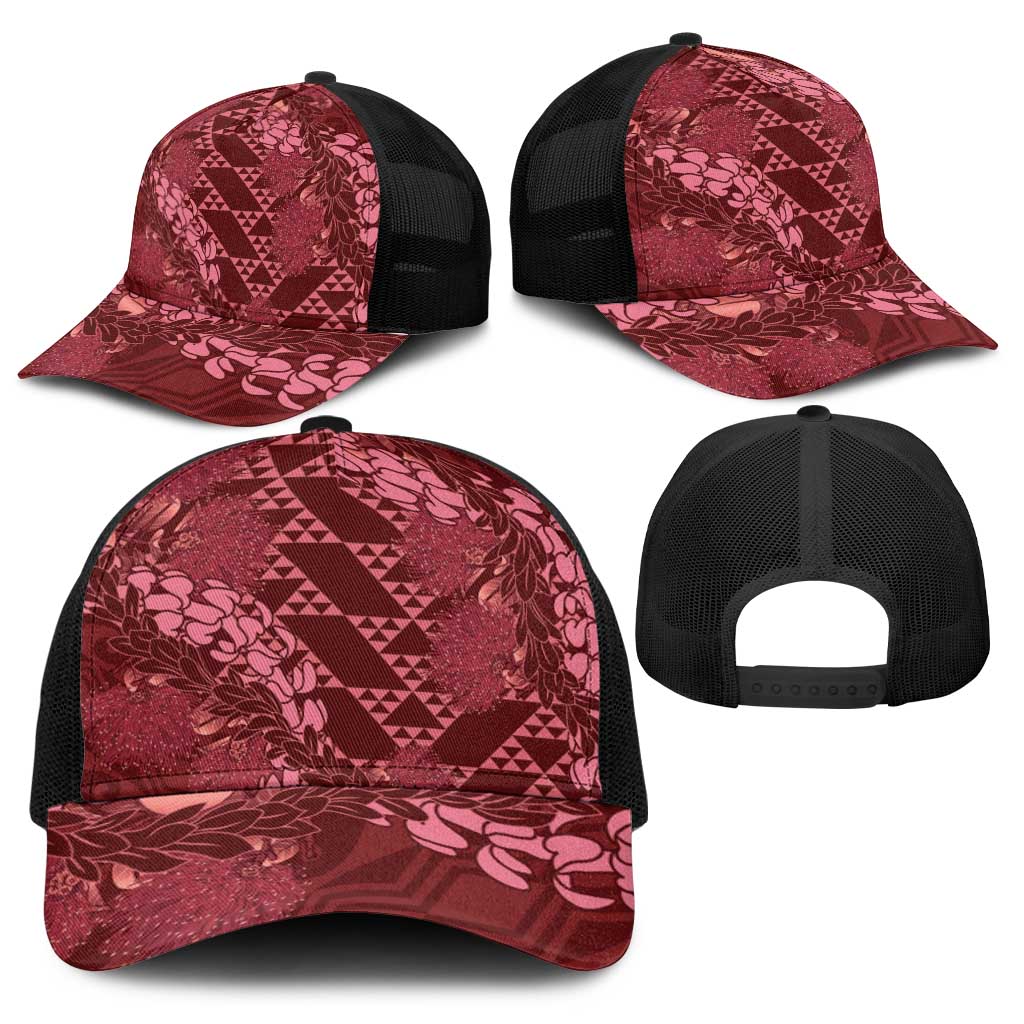 Maroon Aloha Hawaii Baseball Net Cap Hawaiian Kakau Ohia Lehua Lei - Polynesian Pride