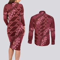 Maroon Aloha Hawaii Couples Matching Long Sleeve Bodycon Dress and Long Sleeve Button Shirt Hawaiian Kakau Ohia Lehua Lei - Polynesian Pride