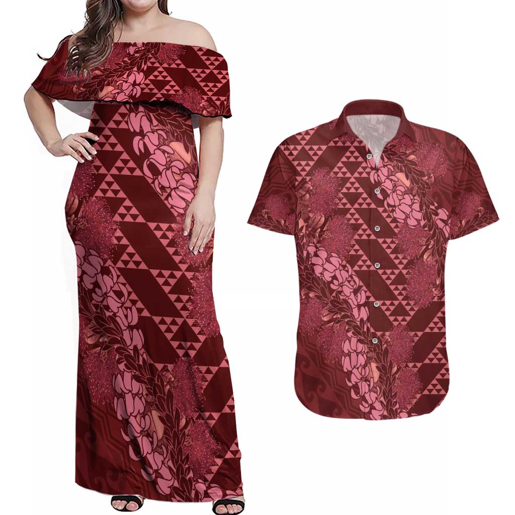 Maroon Aloha Hawaii Couples Matching Off Shoulder Maxi Dress and Hawaiian Shirt Hawaiian Kakau Ohia Lehua Lei - Polynesian Pride