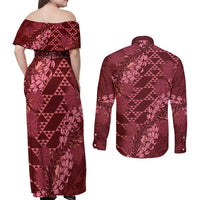 Maroon Aloha Hawaii Couples Matching Off Shoulder Maxi Dress and Long Sleeve Button Shirt Hawaiian Kakau Ohia Lehua Lei - Polynesian Pride