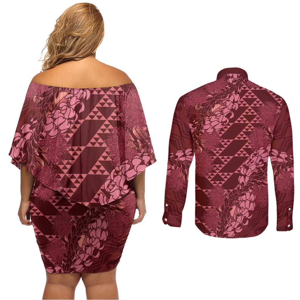 Maroon Aloha Hawaii Couples Matching Off Shoulder Short Dress and Long Sleeve Button Shirt Hawaiian Kakau Ohia Lehua Lei - Polynesian Pride