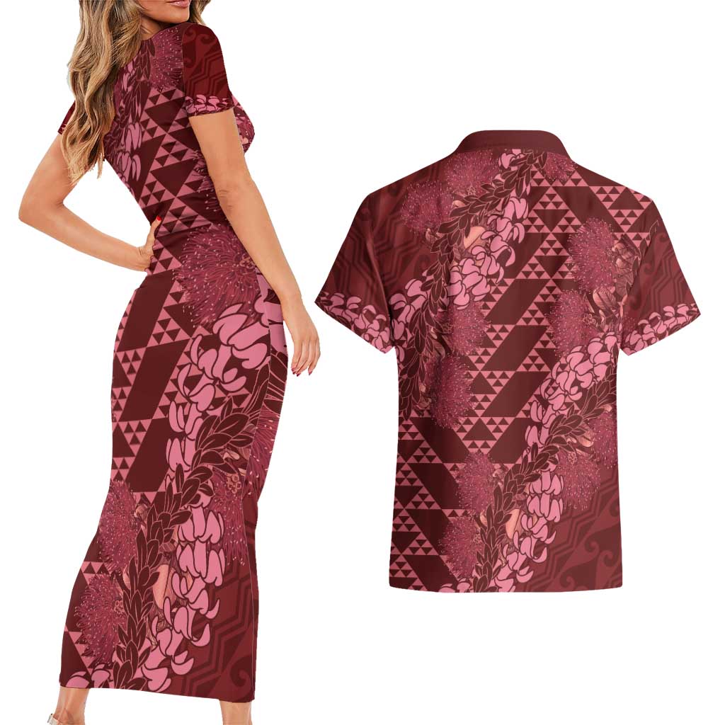 Maroon Aloha Hawaii Couples Matching Short Sleeve Bodycon Dress and Hawaiian Shirt Hawaiian Kakau Ohia Lehua Lei - Polynesian Pride