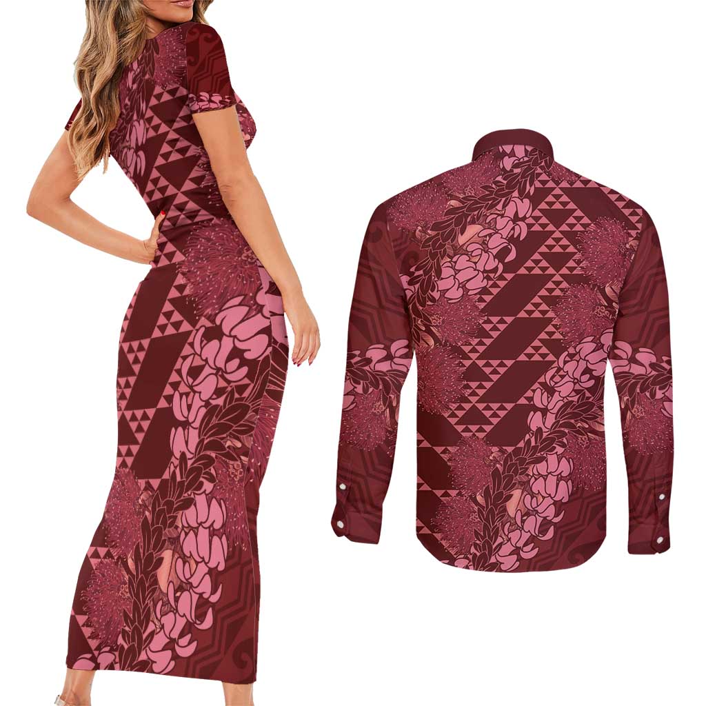 Maroon Aloha Hawaii Couples Matching Short Sleeve Bodycon Dress and Long Sleeve Button Shirt Hawaiian Kakau Ohia Lehua Lei - Polynesian Pride