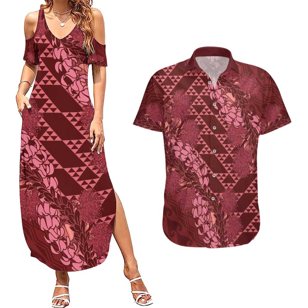 Maroon Aloha Hawaii Couples Matching Summer Maxi Dress and Hawaiian Shirt Hawaiian Kakau Ohia Lehua Lei - Polynesian Pride