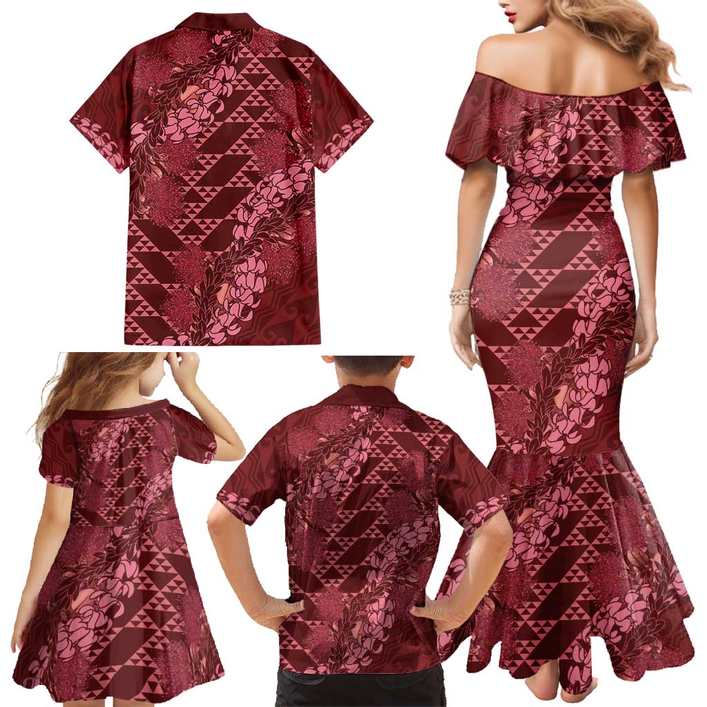 Maroon Aloha Hawaii Family Matching Mermaid Dress and Hawaiian Shirt Hawaiian Kakau Ohia Lehua Lei LT14 - Polynesian Pride