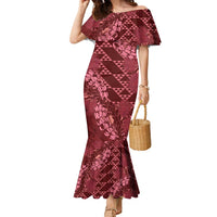 Maroon Aloha Hawaii Family Matching Mermaid Dress and Hawaiian Shirt Hawaiian Kakau Ohia Lehua Lei LT14 Mom's Dress Maroon - Polynesian Pride