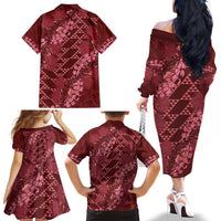 Maroon Aloha Hawaii Family Matching Off The Shoulder Long Sleeve Dress and Hawaiian Shirt Hawaiian Kakau Ohia Lehua Lei - Polynesian Pride
