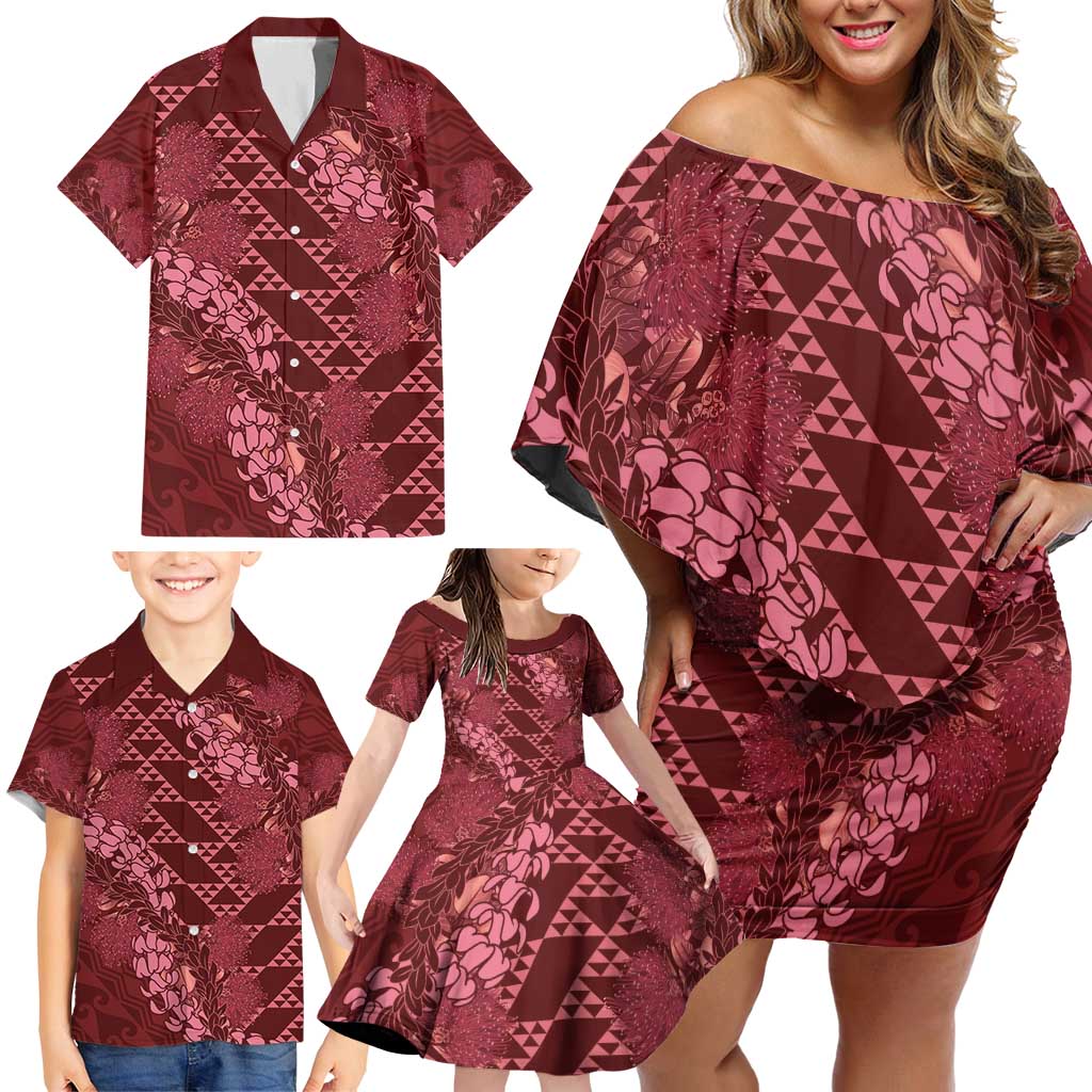Maroon Aloha Hawaii Family Matching Off Shoulder Short Dress and Hawaiian Shirt Hawaiian Kakau Ohia Lehua Lei - Polynesian Pride