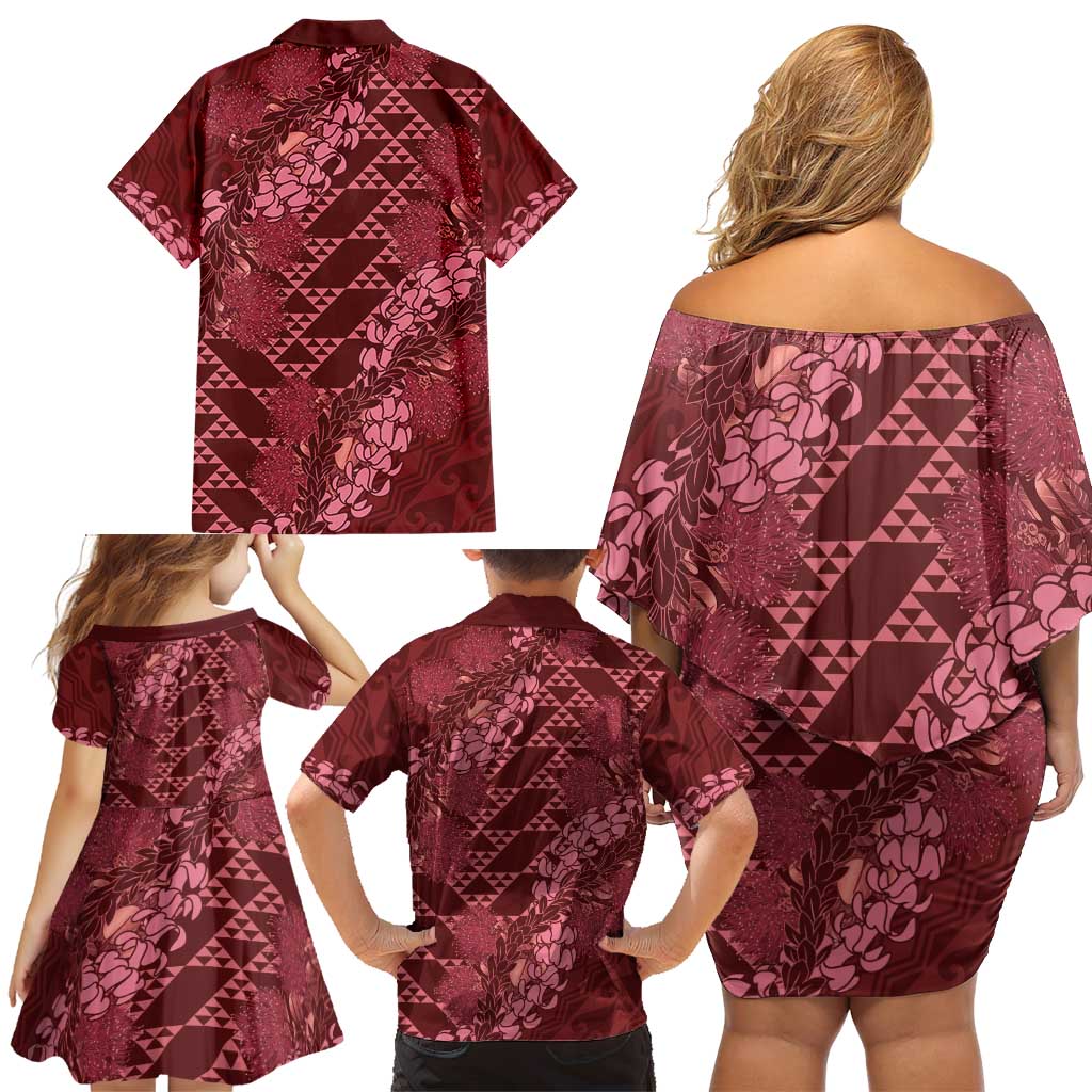 Maroon Aloha Hawaii Family Matching Off Shoulder Short Dress and Hawaiian Shirt Hawaiian Kakau Ohia Lehua Lei - Polynesian Pride