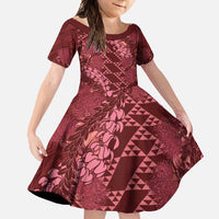 Maroon Aloha Hawaii Family Matching Short Sleeve Bodycon Dress and Hawaiian Shirt Hawaiian Kakau Ohia Lehua Lei LT14 Daughter's Dress Maroon - Polynesian Pride
