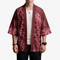 Maroon Aloha Hawaii Kimono Hawaiian Kakau Ohia Lehua Lei - Polynesian Pride