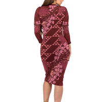 Maroon Aloha Hawaii Long Sleeve Bodycon Dress Hawaiian Kakau Ohia Lehua Lei - Polynesian Pride