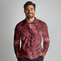 Maroon Aloha Hawaii Long Sleeve Polo Shirt Hawaiian Kakau Ohia Lehua Lei - Polynesian Pride