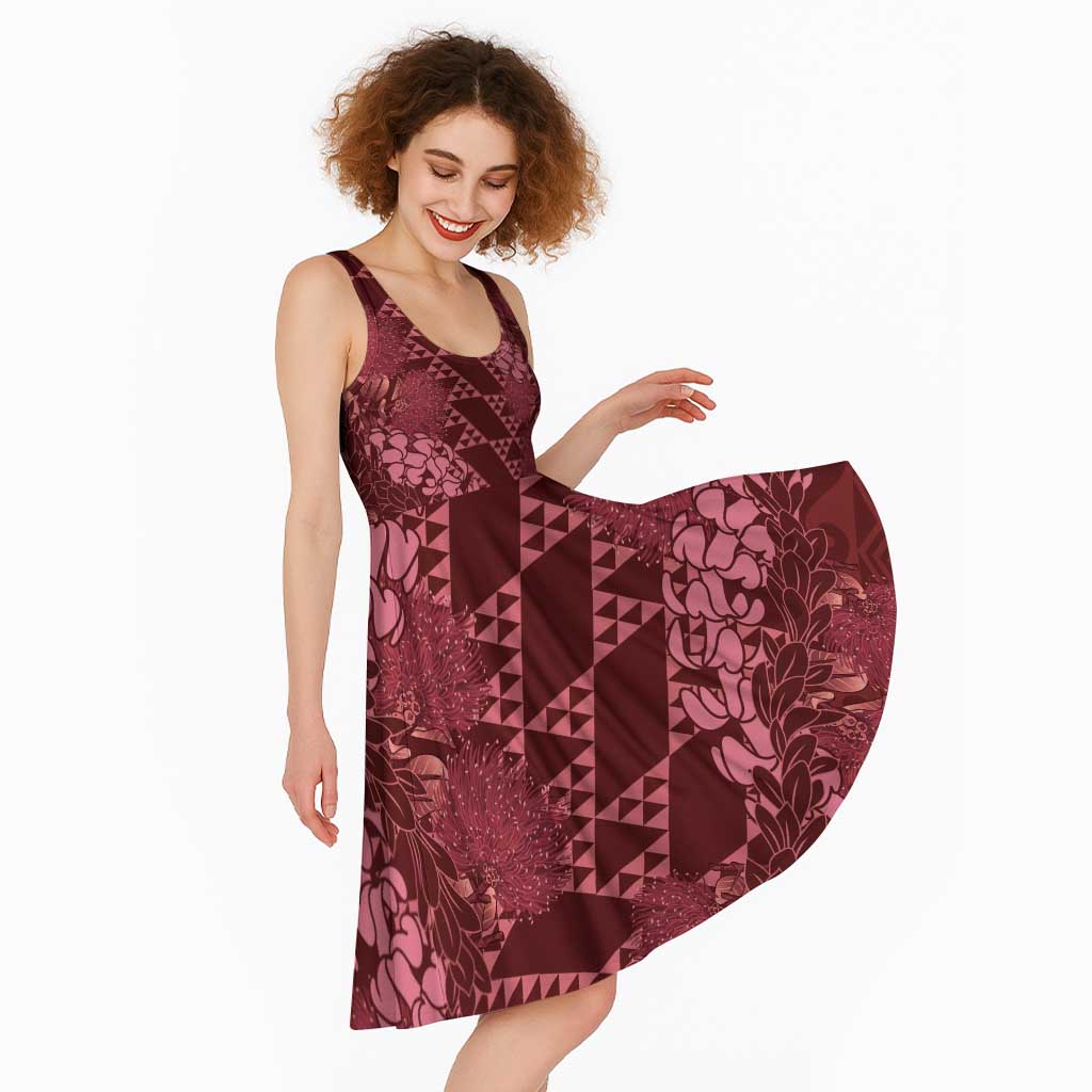 Maroon Aloha Hawaii Midi Dress Hawaiian Kakau Ohia Lehua Lei - Polynesian Pride