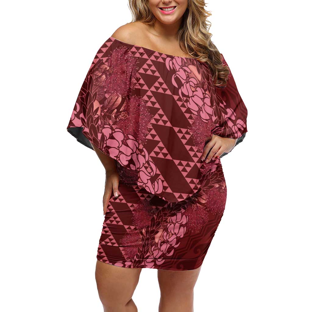 Maroon Aloha Hawaii Off Shoulder Short Dress Hawaiian Kakau Ohia Lehua Lei - Polynesian Pride
