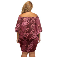 Maroon Aloha Hawaii Off Shoulder Short Dress Hawaiian Kakau Ohia Lehua Lei - Polynesian Pride