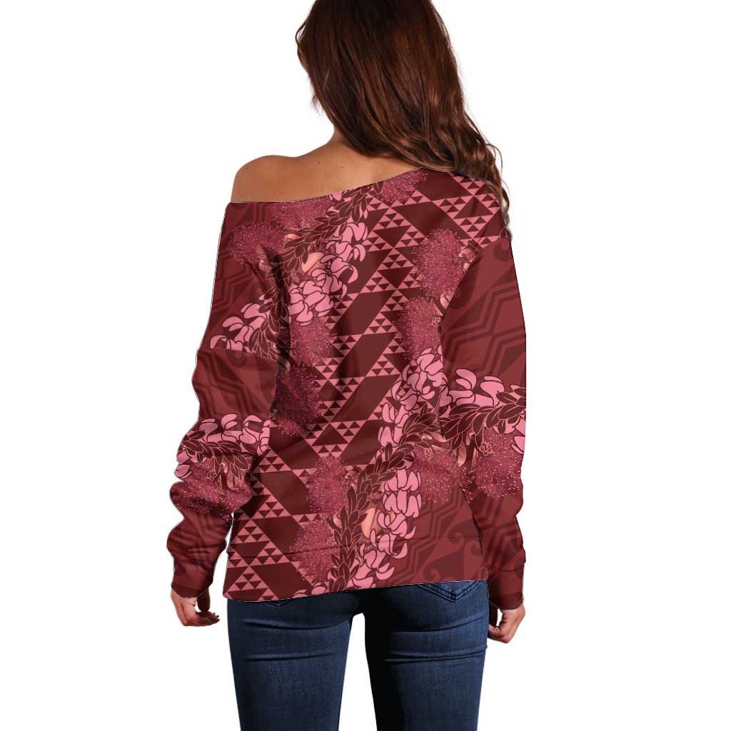Maroon Aloha Hawaii Off Shoulder Sweater Hawaiian Kakau Ohia Lehua Lei - Polynesian Pride