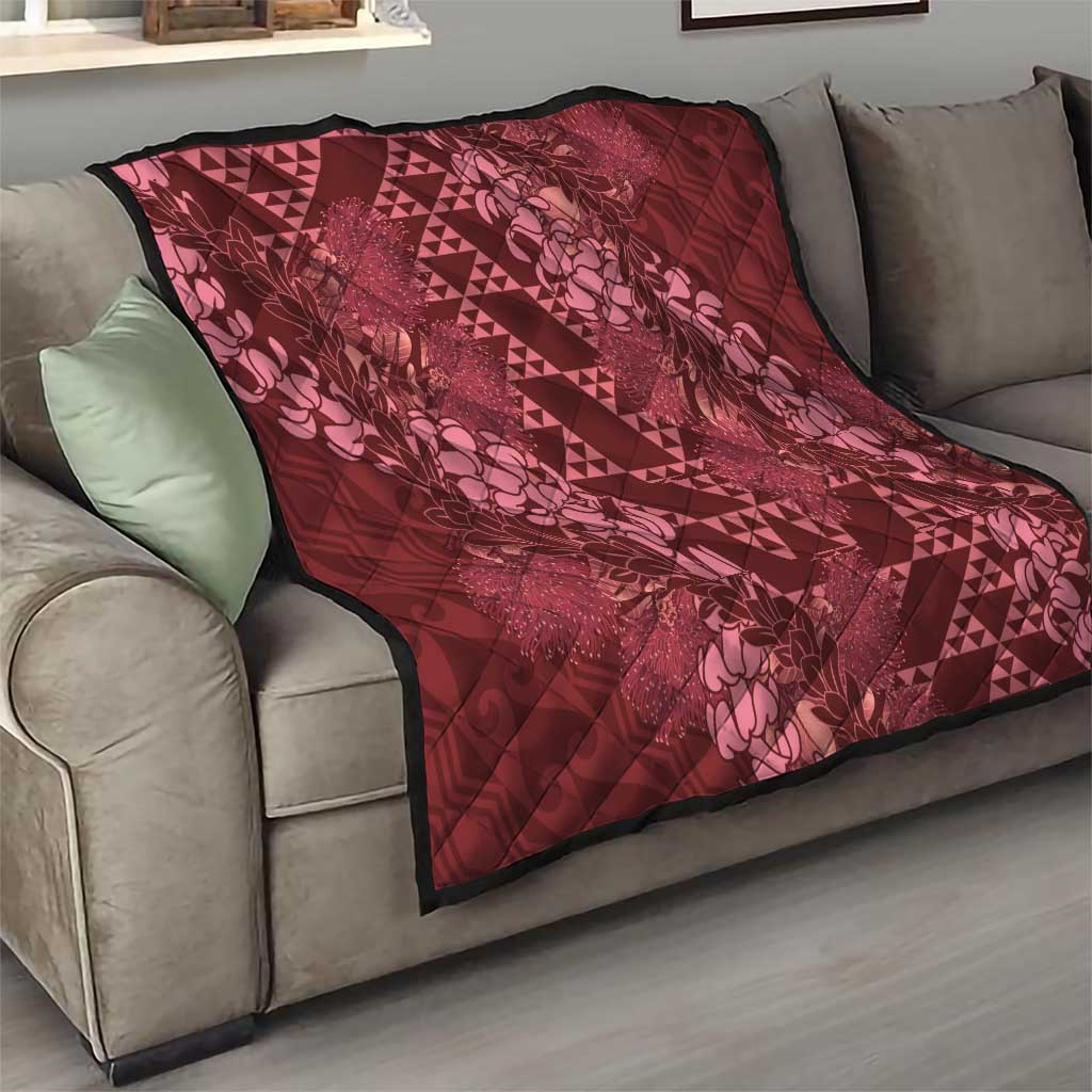 Maroon Aloha Hawaii Quilt Hawaiian Kakau Ohia Lehua Lei - Polynesian Pride