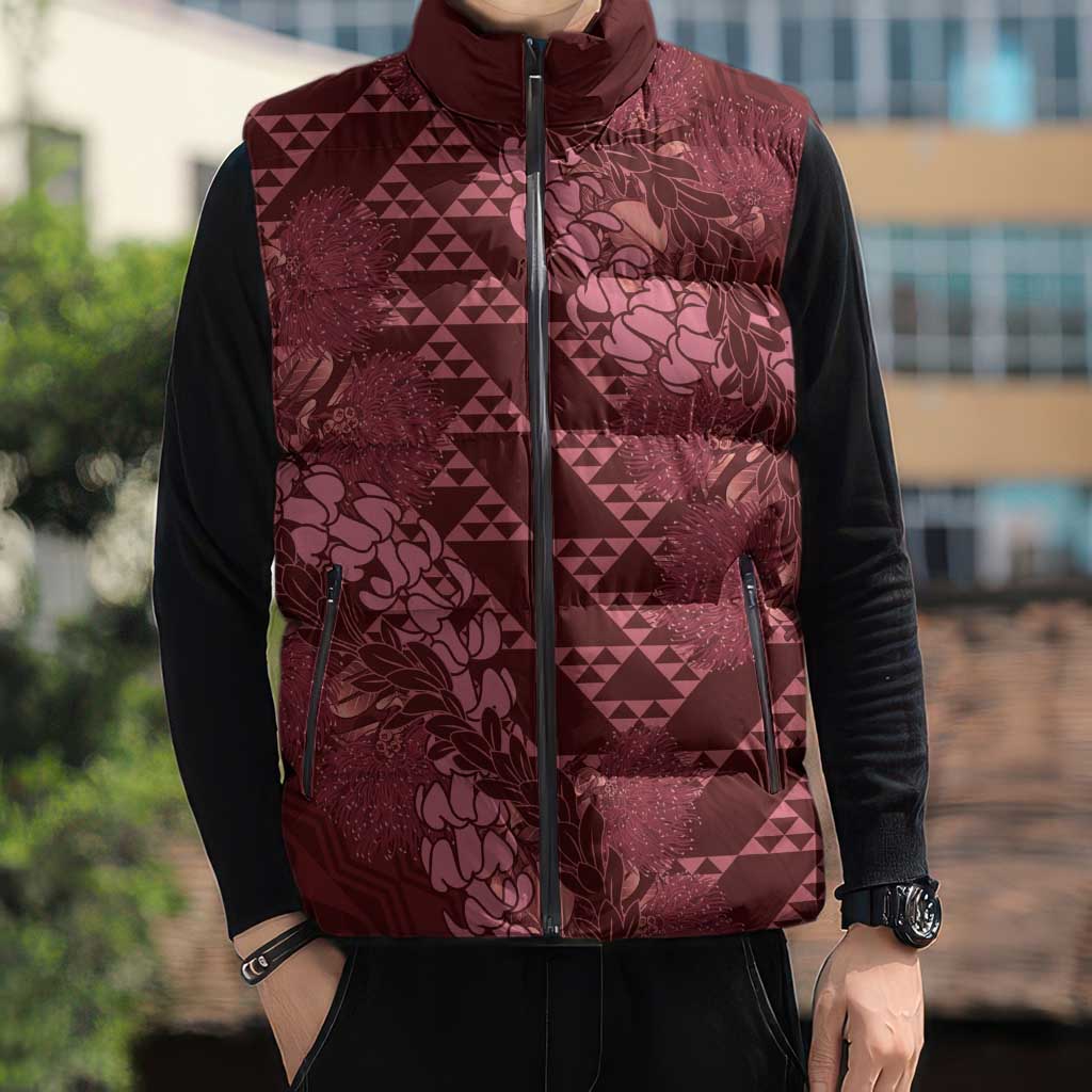 Maroon Aloha Hawaii Sleeveless Puffer Jacket Hawaiian Kakau Ohia Lehua Lei - Polynesian Pride