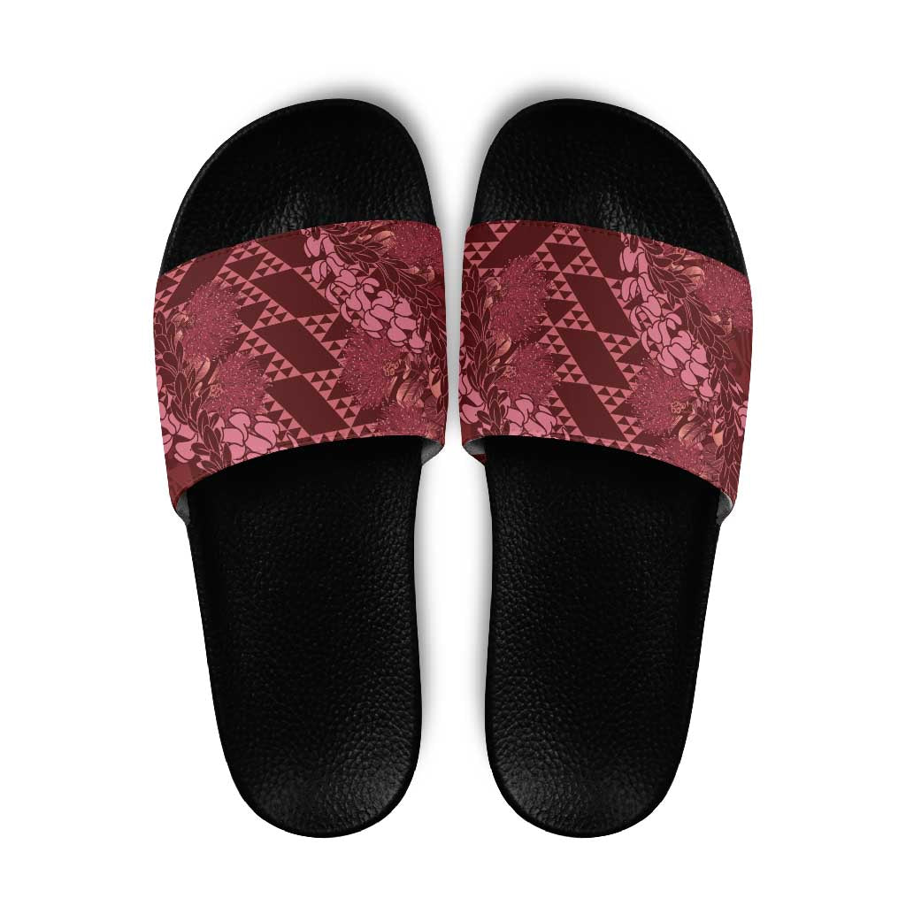 Maroon Aloha Hawaii Slide Sandals Hawaiian Kakau Ohia Lehua Lei - Polynesian Pride