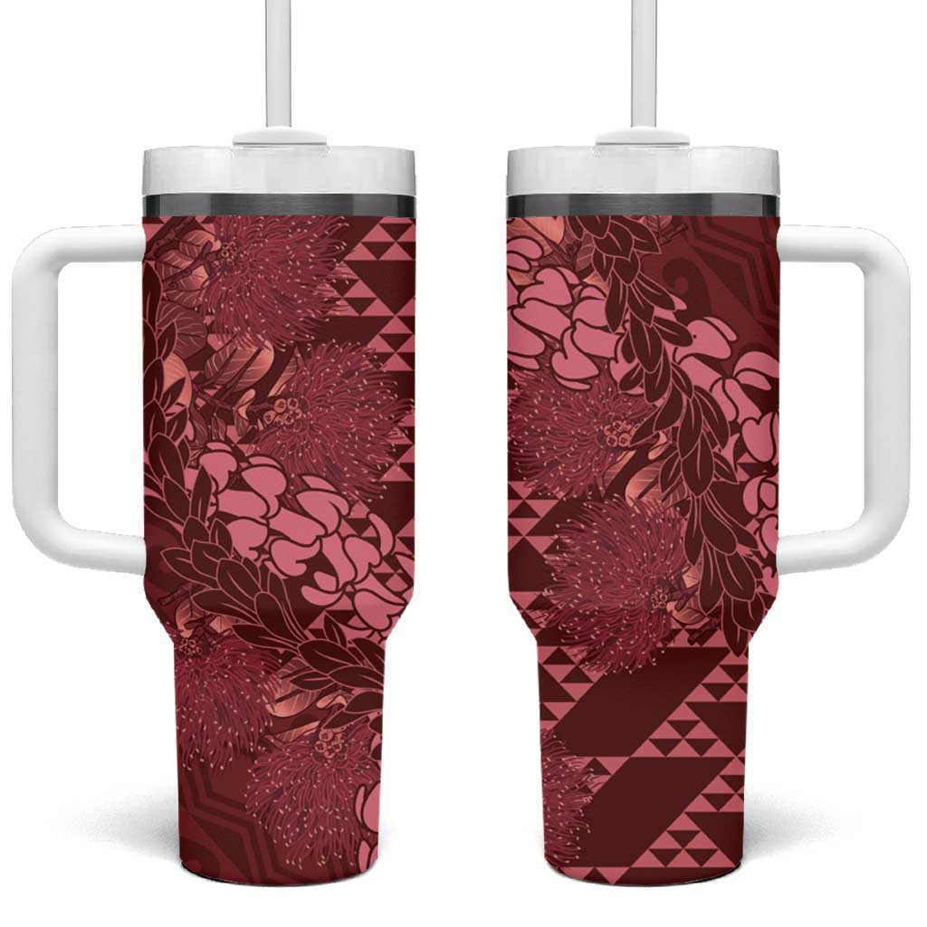 Maroon Aloha Hawaii Tumbler With Handle Hawaiian Kakau Ohia Lehua Lei - Polynesian Pride