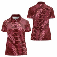 Maroon Aloha Hawaii Women Polo Shirt Hawaiian Kakau Ohia Lehua Lei - Polynesian Pride