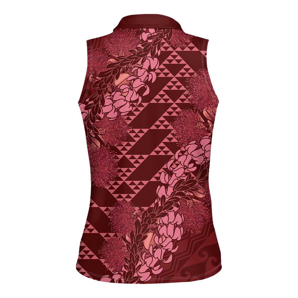 Maroon Aloha Hawaii Women Sleeveless Polo Shirt Hawaiian Kakau Ohia Lehua Lei - Polynesian Pride