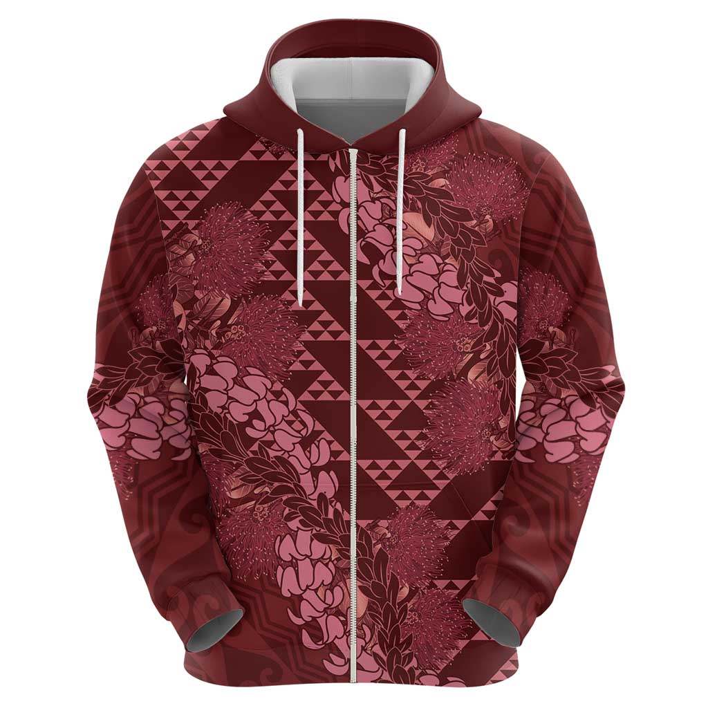 Maroon Aloha Hawaii Zip Hoodie Hawaiian Kakau Ohia Lehua Lei - Polynesian Pride