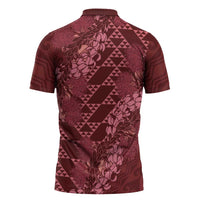 Maroon Aloha Hawaii Zipper Polo Shirt Hawaiian Kakau Ohia Lehua Lei - Polynesian Pride
