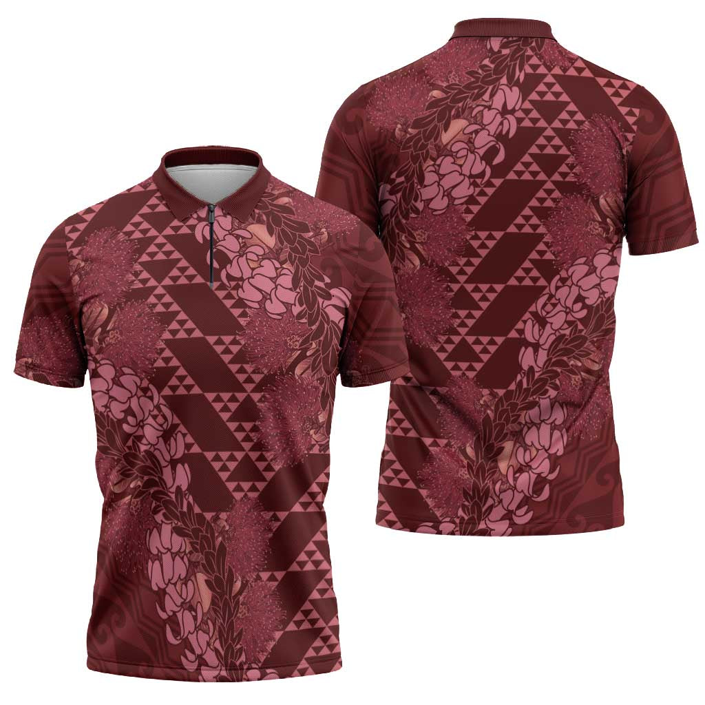 Maroon Aloha Hawaii Zipper Polo Shirt Hawaiian Kakau Ohia Lehua Lei - Polynesian Pride