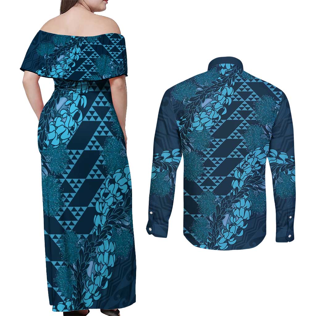 Naval Night Aloha Hawaii Couples Matching Off Shoulder Maxi Dress and Long Sleeve Button Shirt Hawaiian Kakau Ohia Lehua Lei - Polynesian Pride