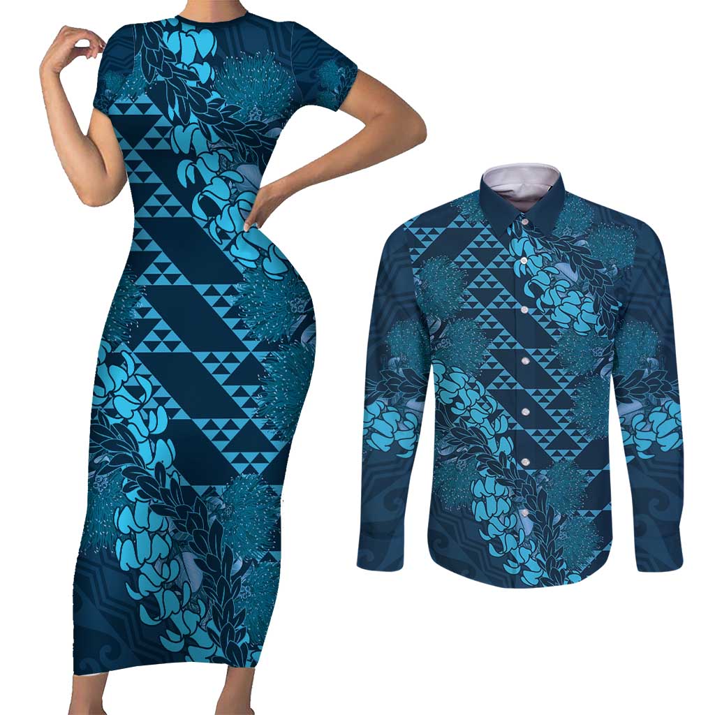 Naval Night Aloha Hawaii Couples Matching Short Sleeve Bodycon Dress and Long Sleeve Button Shirt Hawaiian Kakau Ohia Lehua Lei - Polynesian Pride