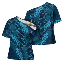 Naval Night Aloha Hawaii Cross Shoulder Shirt Hawaiian Kakau Ohia Lehua Lei - Polynesian Pride