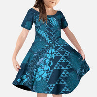 Naval Night Aloha Hawaii Family Matching Long Sleeve Bodycon Dress and Hawaiian Shirt Hawaiian Kakau Ohia Lehua Lei LT14 Daughter's Dress Blue - Polynesian Pride