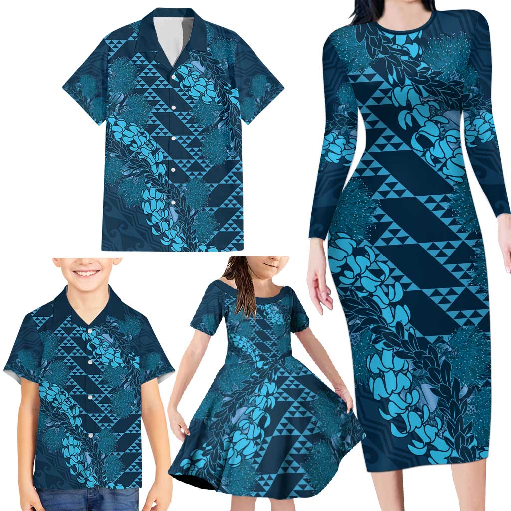 Naval Night Aloha Hawaii Family Matching Long Sleeve Bodycon Dress and Hawaiian Shirt Hawaiian Kakau Ohia Lehua Lei LT14 - Polynesian Pride