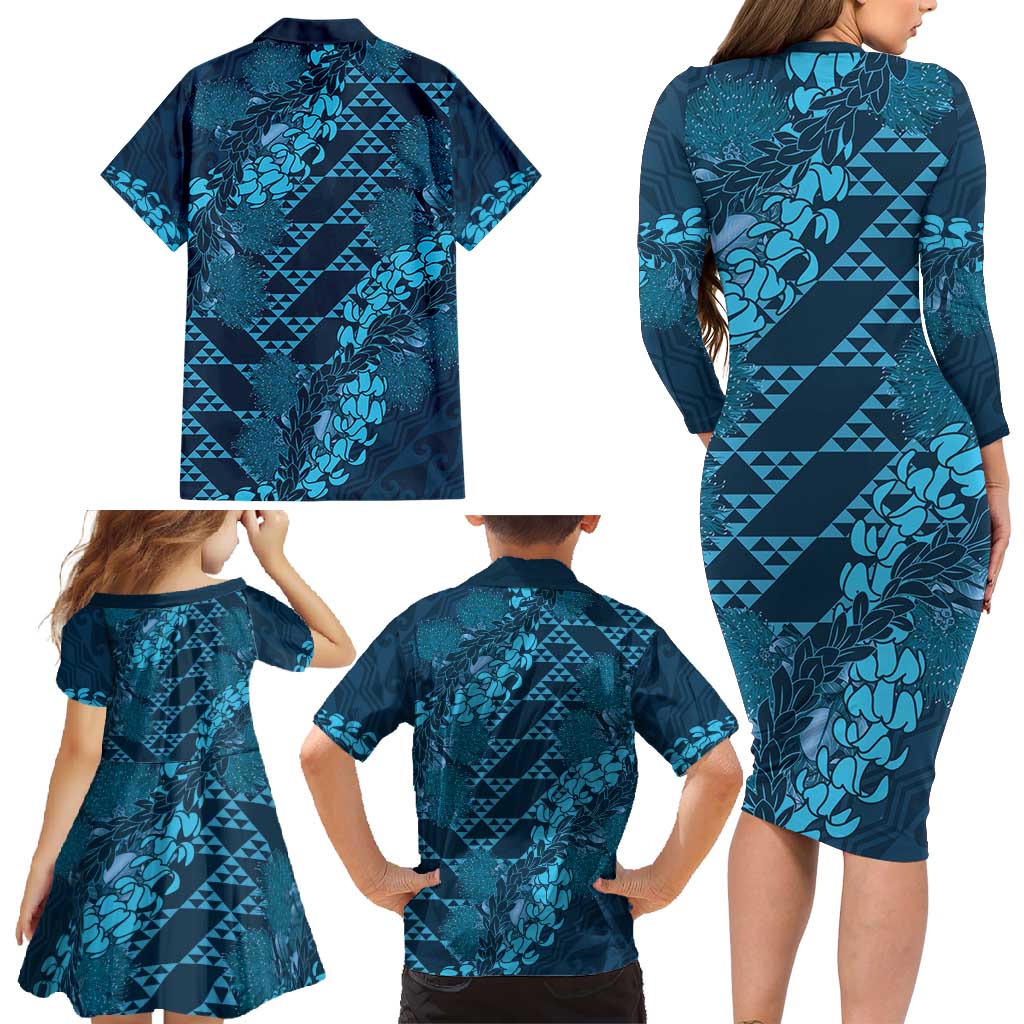 Naval Night Aloha Hawaii Family Matching Long Sleeve Bodycon Dress and Hawaiian Shirt Hawaiian Kakau Ohia Lehua Lei LT14 - Polynesian Pride