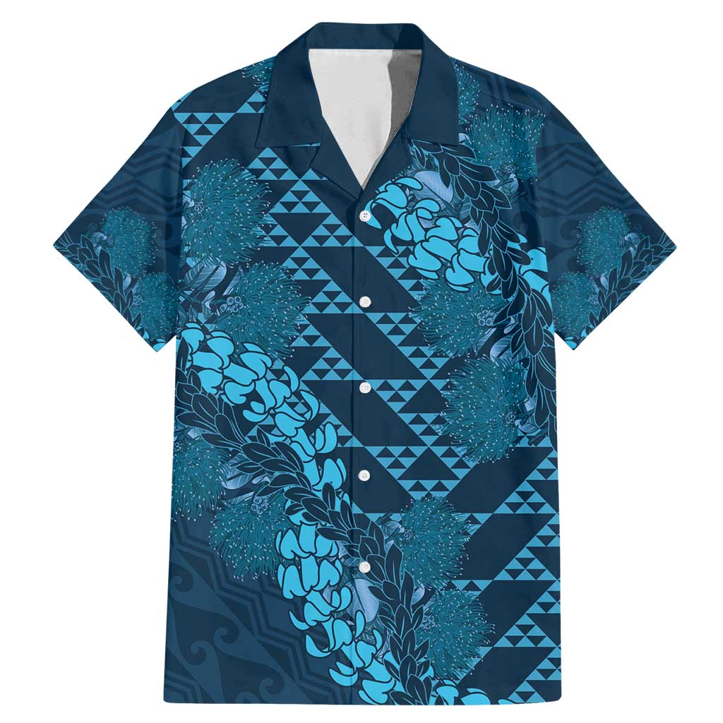 Naval Night Aloha Hawaii Family Matching Mermaid Dress and Hawaiian Shirt Hawaiian Kakau Ohia Lehua Lei LT14 Dad's Shirt - Short Sleeve Blue - Polynesian Pride